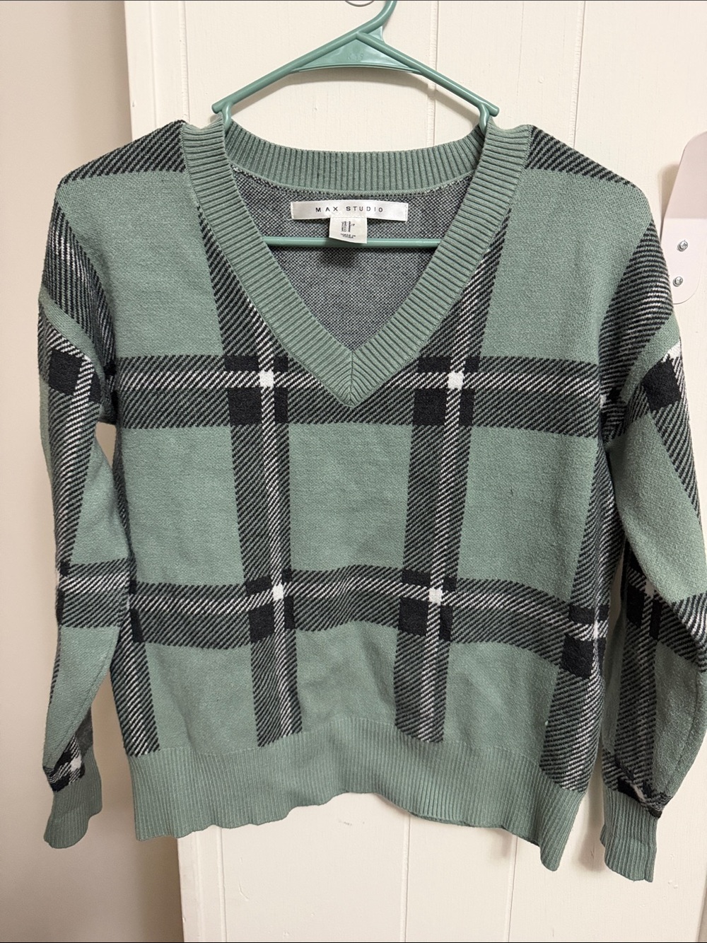 Max Studio Sage Green and Black Plaid V-Neck Sweater